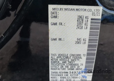 2021 Nissan Altima Sl Fwd из США, поврежденный, VIN 1N4BL4EV4MN349754